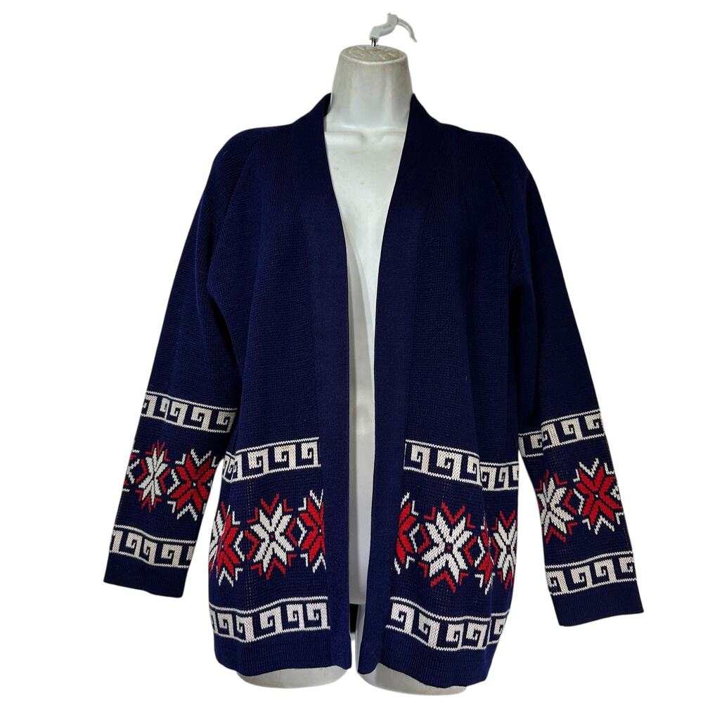 Vintage Cordova Patriotic Winter Lodgecore Snowflake handknit open front sweater